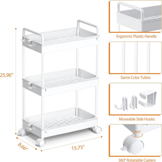 3 Tier Slim Rolling Storage Cart with Wheels Plastic Utility Cart Organizer for Snack Craft Art Postpartum Baby Diaper Nail Makeup in Bathroom Laundry Room Kitchen Bedside Narrow Space, White