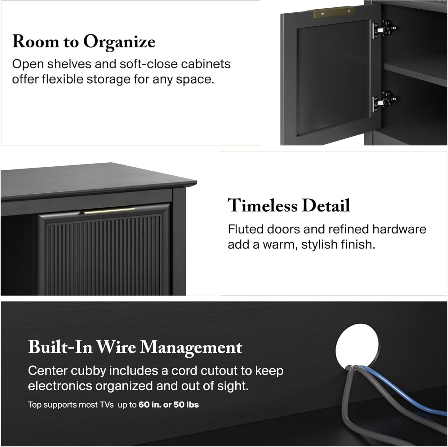 58-Inch Sideboard Storage Cabinet, Dining Room Furniture, Camille Collection, Onyx Birch