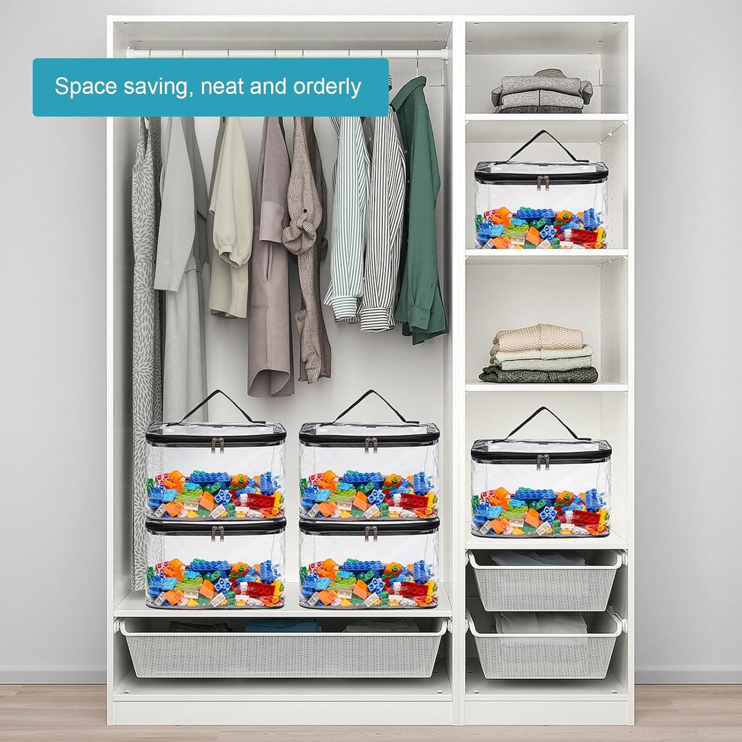 4 Pack Large Clear Storage Bags for Toys with Name Tag, Waterproof Duty PVC Toy Organizer Bag for Building Blocks, Board Games, Puzzles, Stationery and Other Small Items, Storage Bins(12.6X7.9×6.3 In)