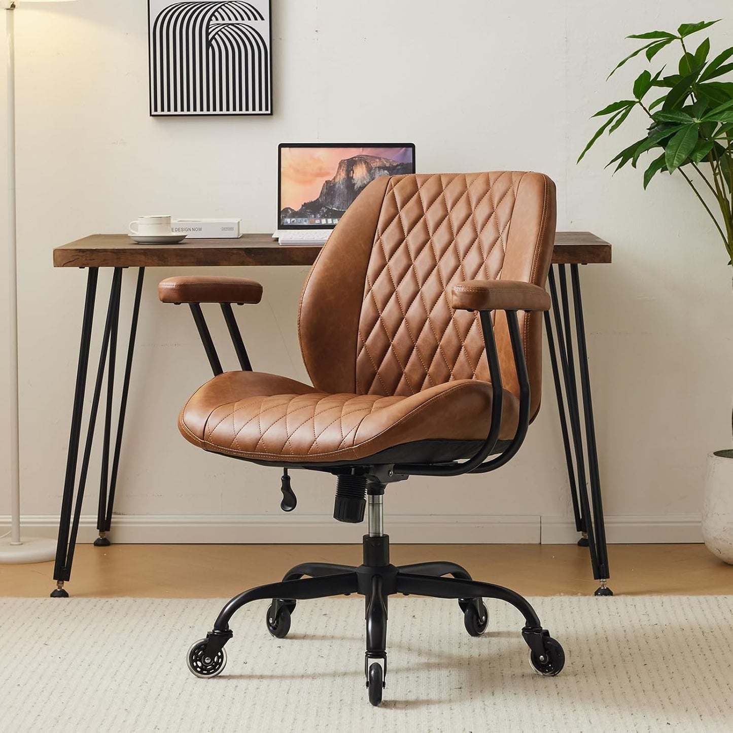 Home Office Desk Chair Office Rubber Casters Ergonomic Computer Chair with Lumbar Support Adjustable Height Rolling Swivel Executive Task Armrests Chair๏ผ Brown Leather