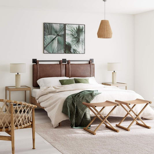 Harlow Modern Wall Mount Hanging Headboard, King, Brown Faux Leather