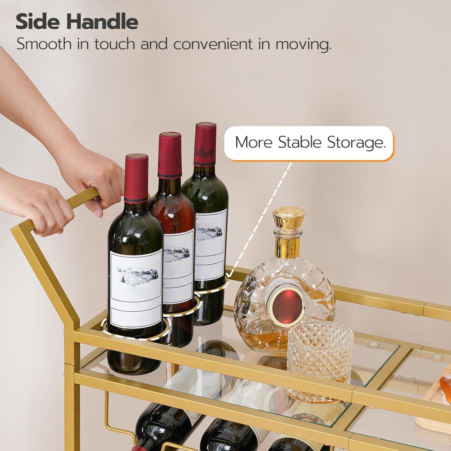 Bar Cart for the Home, 2-Tier Kitchen Cart with Wine Rack and Glass Holder, Serving Cart with Wheels and Guard Rails for Dining Room, Living Room, Party, Bar, Gold GD11TC01