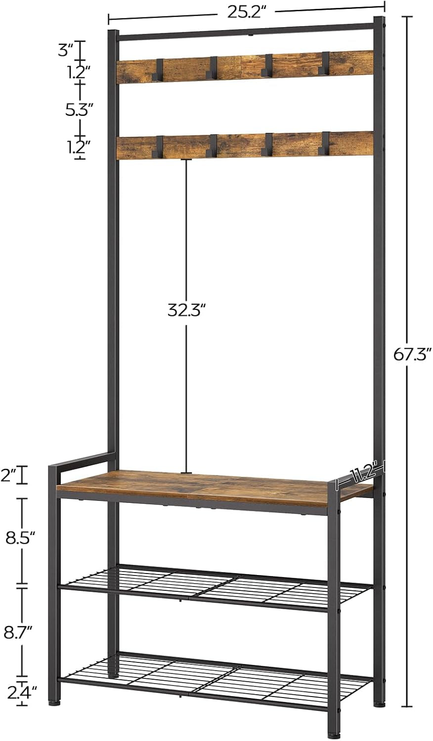 Hall Tree, Coat Rack with Shoe Bench, Entryway Bench with Shoe Storage, Multifunctional Entryway Storage Organizer, Metal Frame and 8 Movable Hooks, for Hallway, Rustic Brown MT01BR