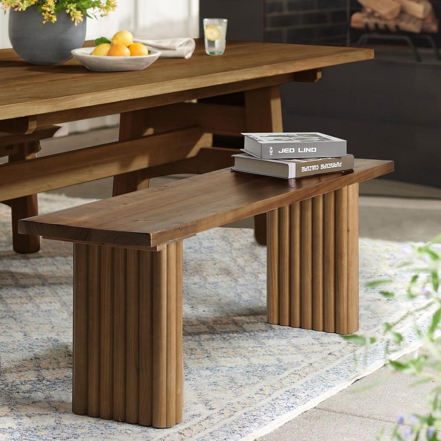 Solid Wood Entryway Bench - 51.2" Fluted Farmhouse Bench, Indoor Long Dining Benches Seat Narrow End of Bed Benches for Entry Way, Kitchen, Living Room and Bedroom, Brown