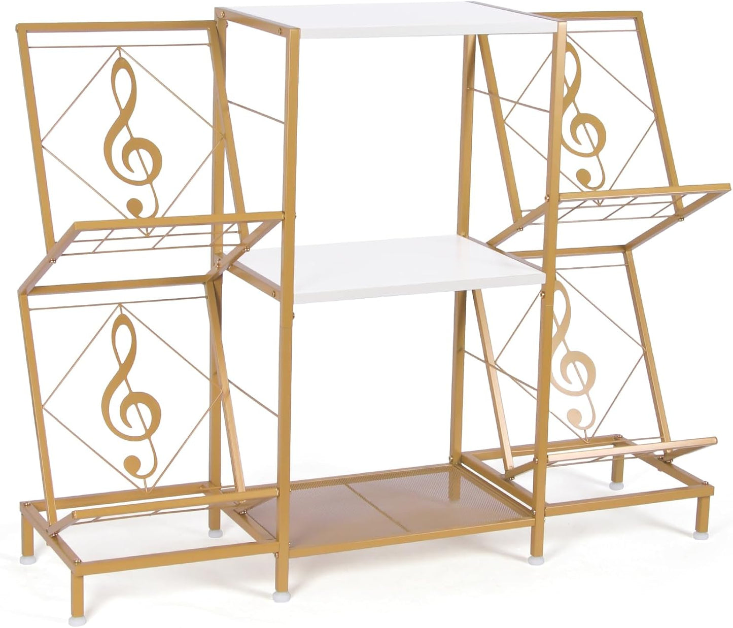 Record Player Stand with Vinyl Record Storage, Turntable Stand with 4-Tier Vinyl Display Shelf & Metal Frame, Record Holder for Living Room, Gold & White