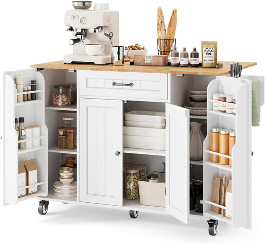 Kitchen Island with Storage, 47.6" Rolling Kitchen Island on Wheels with Drop Leaf, Door Cabinet, Drawer, Spice Rack, Towel Rack and Knife Holder, Kitchen Cart Island Table for Kitchen, White