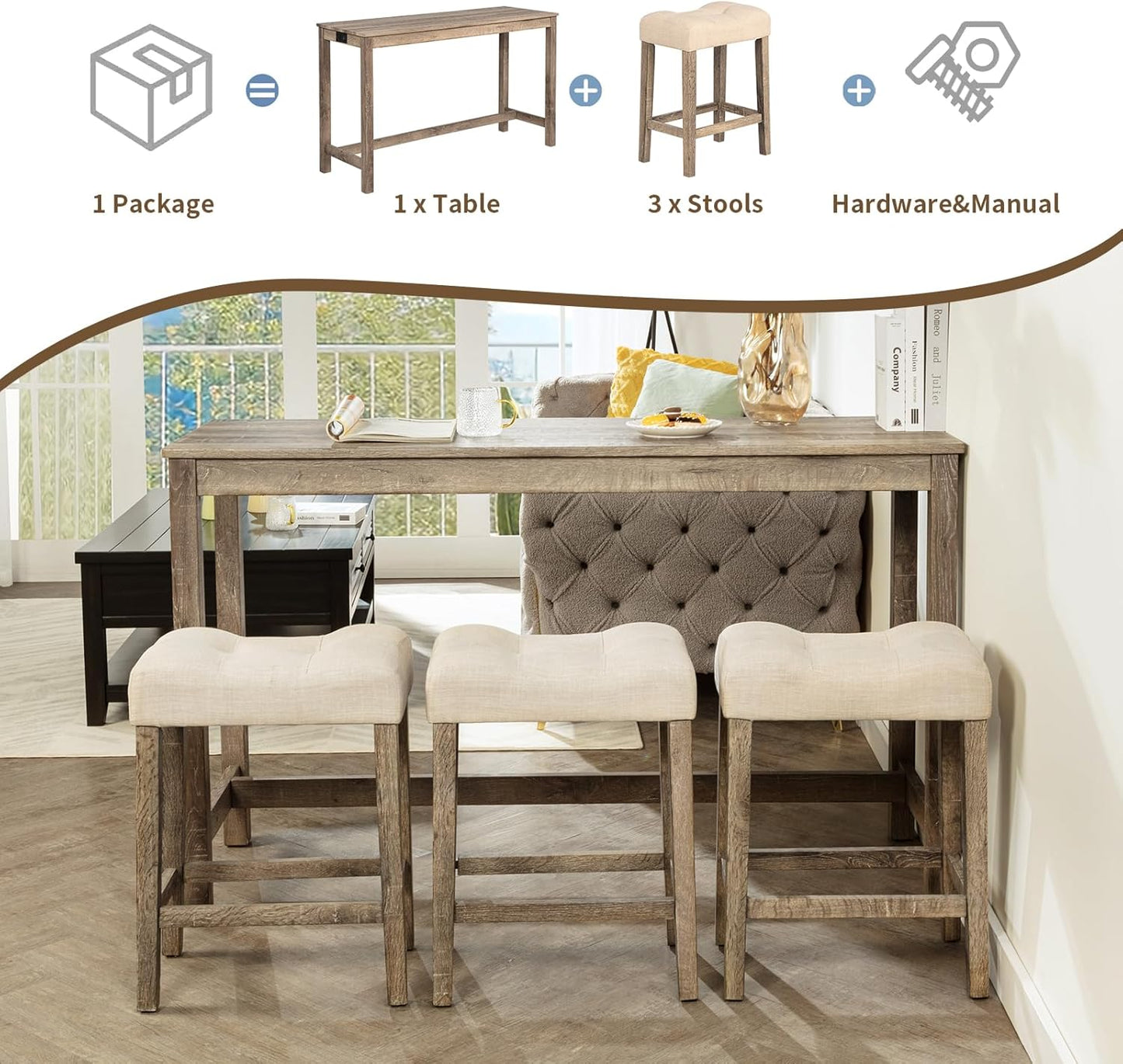 59" Counter Height Bar Table Set with Power Outlet, Industrial Breakfast Table with 3 Padded Stools, 4 Piece Bar Table and Chairs Set for Living Room, Dining Room, Brown