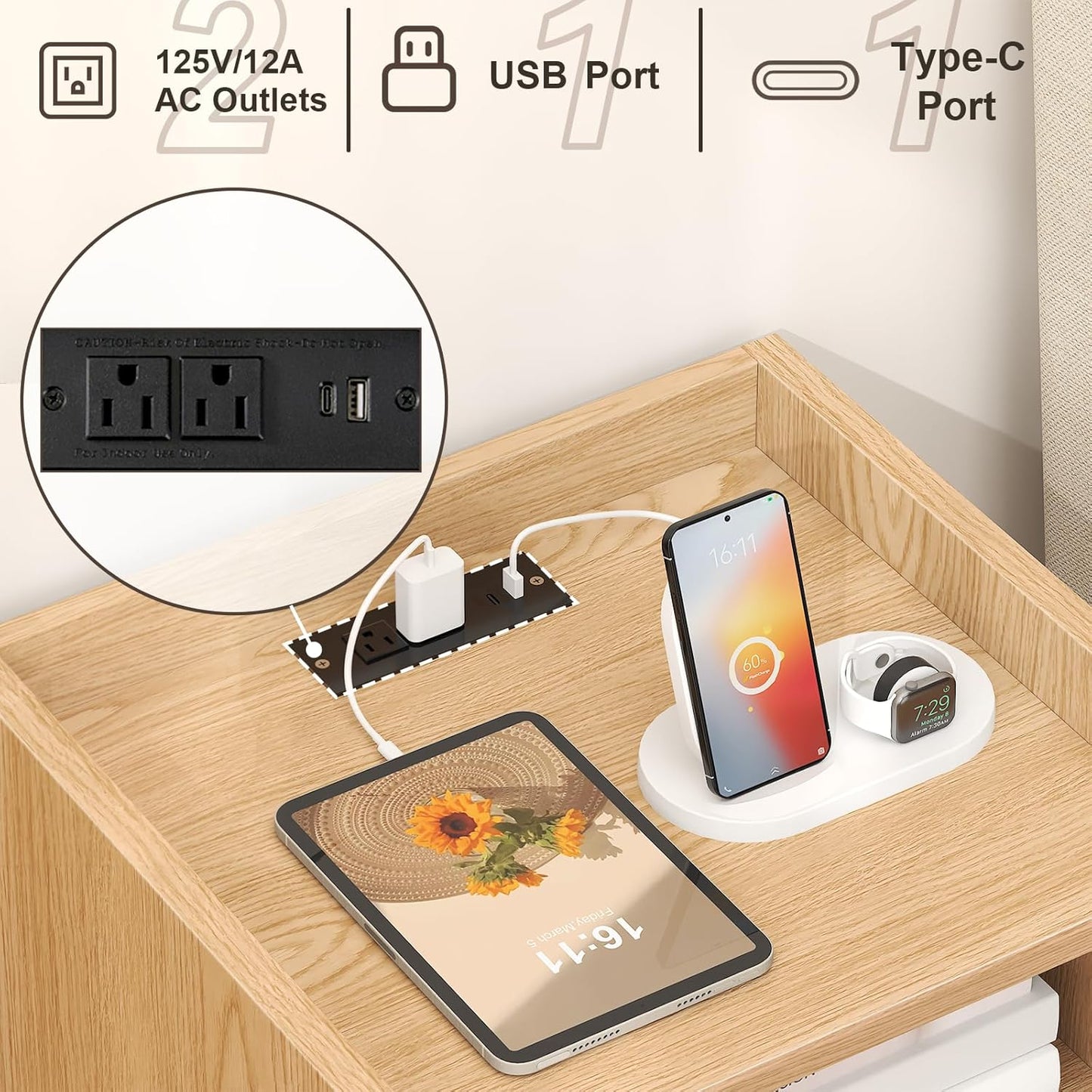 Night Stand Set of 2, Bedside Tables with Charging Station, Rattan End Tables, Boho Bed Side Tables, Wood Nightstands Set of 2 for Kids' Room Farmhouse Bedroom Living Room Dorm Sofa Couch (Natural)
