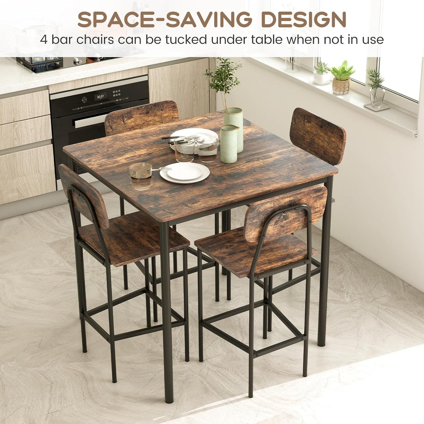 5-Piece Dining Table Set W/Counter Height Table & 4 Bar Stools, Industrial Kitchen Dining Set W/Footrest & Backrest, Space-Saving Dinette Set for Pub, Dining Room, Restaurant (Mix Brown)