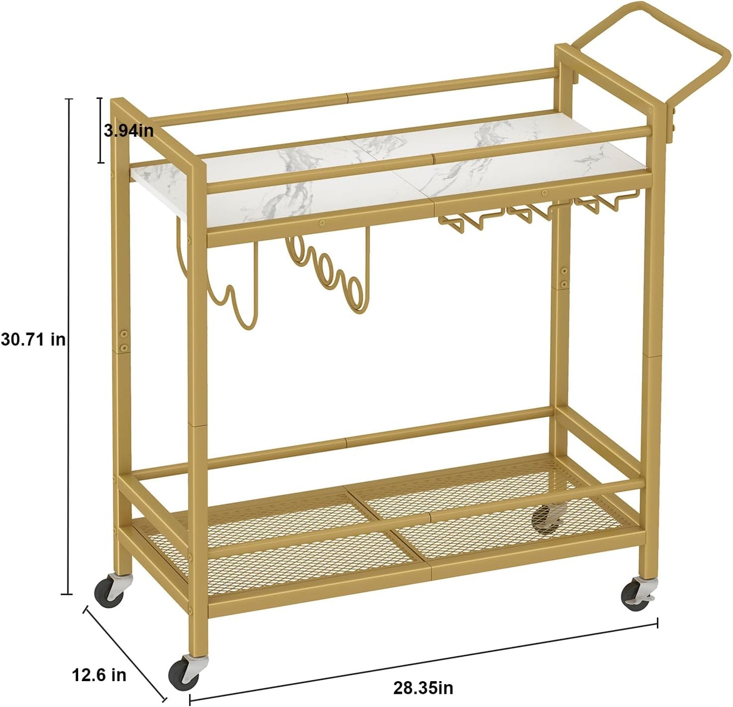 Bar Cart, Two-Color Home Bar Serving Cart, Mobile Drink Beverage Cart with 2 Storage Shelves, Rolling Kitchen Cart with Wine Holder and Glass Holder, for Dinning Room, Living Room, Kitchen