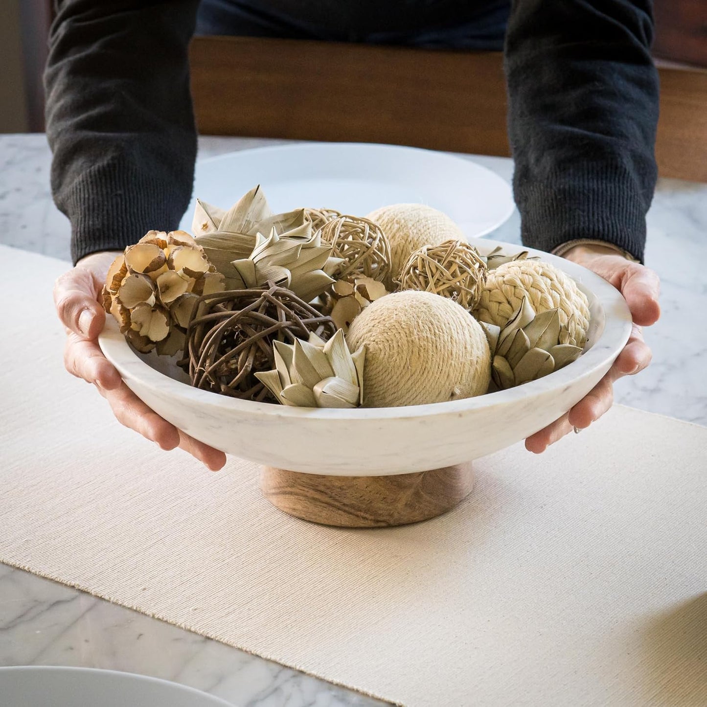 Marble Decorative Bowl for Home Decor - Handcrafted Natural Stone with Acacia Wood Pedestal - Versatile 11" Catch All for Entryway, Kitchen Fruit Bowl, Potpourri, Dining Table Centerpiece