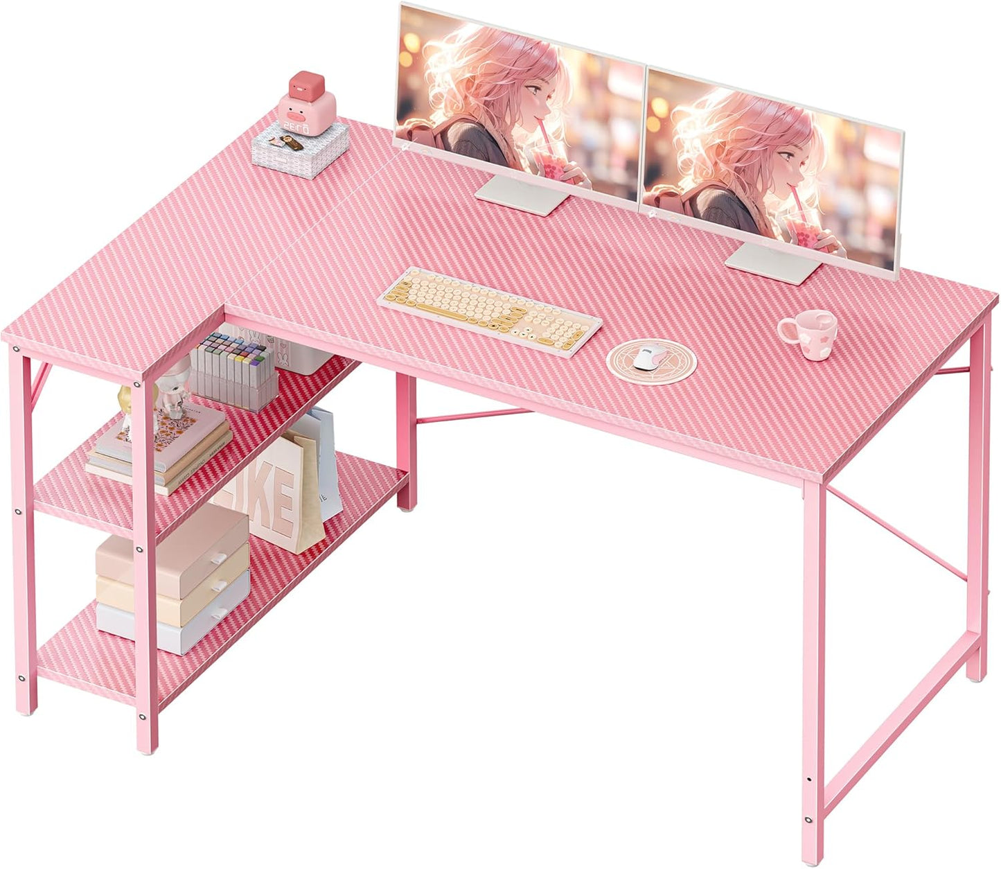 L Shaped Desk, 47 Inches Computer Desk with Reversible Storage Shelves, Gaming Desk, Corner Desk Home Office Desks, Writing Study Desk with Metal Frame, Pink