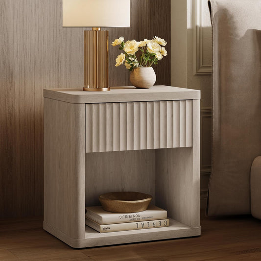 Night Stand Set of 2 Nightstands with Drawer Storage Fluted Bed Side Table End Table Large Modern Wide Bedside Stand Mid Century Night Stands for Bedroom Living Room Sofa Office, White Alder