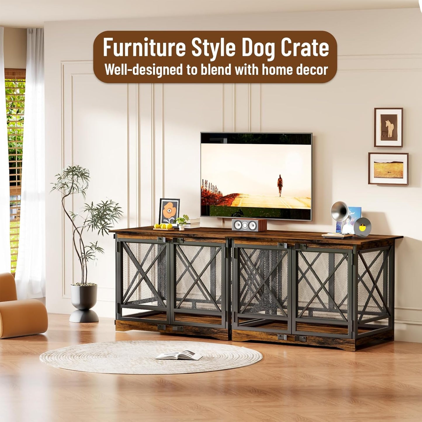 Large Dog Crate Furniture - 48 Inch Heavy Duty Dog Kennel Indoor for Xlarge Breed with Double Doors, Wooden Dog Cage XL Modern Decorative End Table Pet House (Brown)