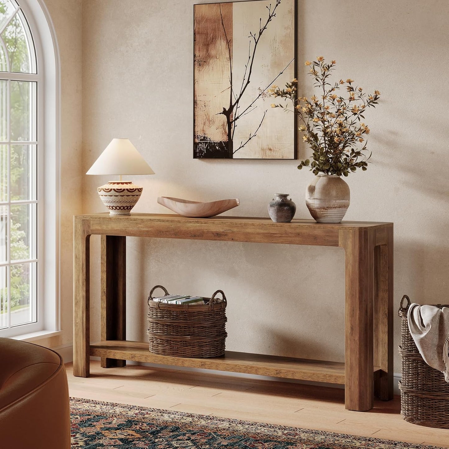 63 Inch Entryway Console Table, 2-Tier Farmhouse Narrow Sofa Table behind Couch, Accent Entrance Console Furniture for Entryway, Foyer, Hallway, Rustic Brown