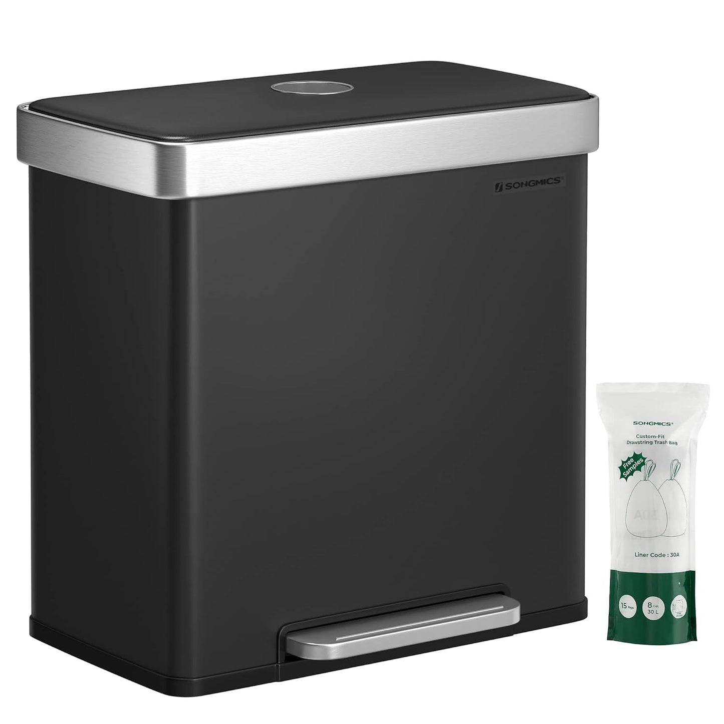 Kitchen Trash Can, 16 Gallon (2 X 8 Gallon) Dual Compartment Garbage Can, 60L Pedal Recycling Bin, Stays Open and Soft Close, Stainless Steel, 15 Bags Included, Metallic Silver ULTB202E01