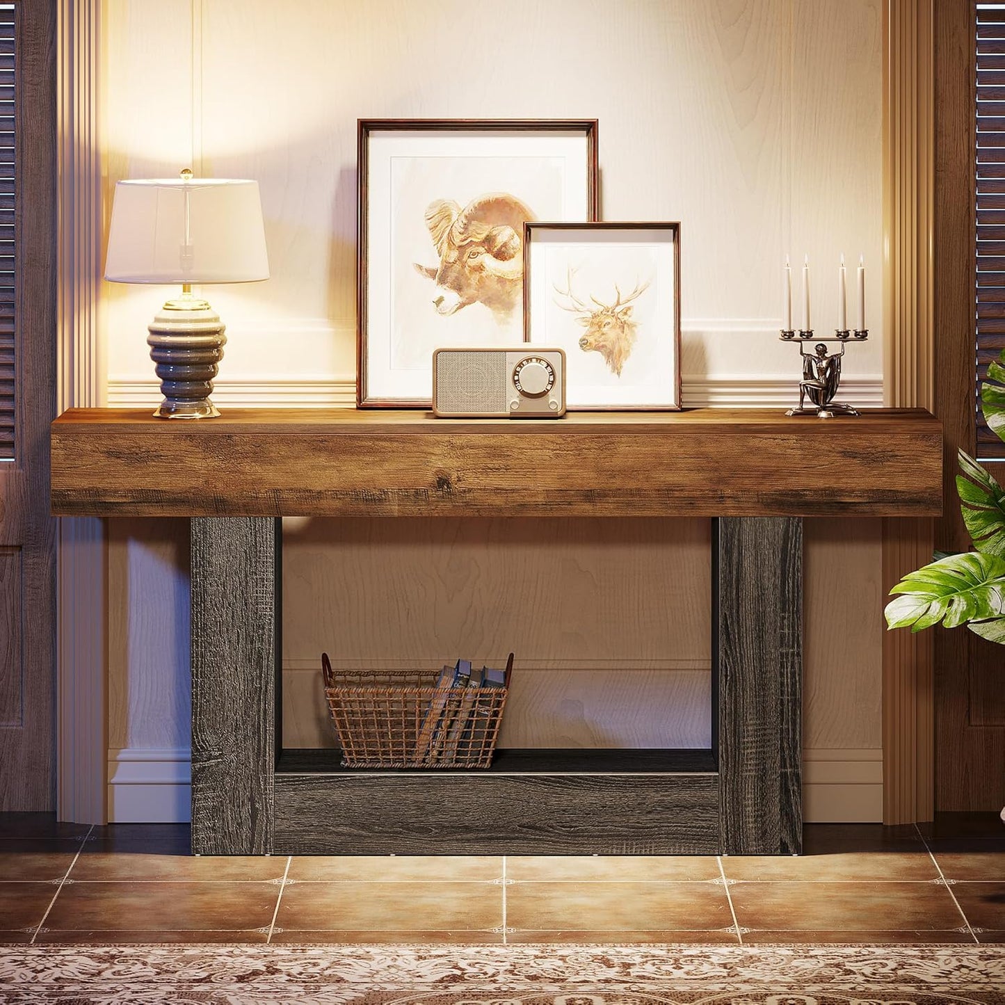 63" Console Table, Farmhouse 2-Tier Entryway Table with U-Shaped Base, Narrow Long Wood Sofa Table behind Couch Table for Living Room, Hallway, Foyer, Vintage Brown & Gray