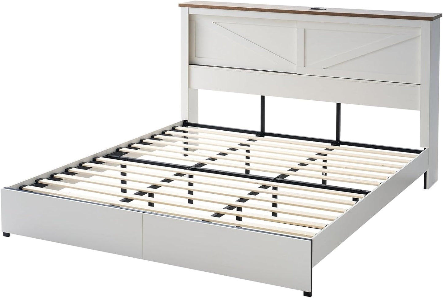 King 47.2" H Bed Frame with Hidden Space Bookcase Headboard and Charging Station, Beds with 2 Storage Drawers and Wood Slats, No Box Spring Needed, White & Barnwood