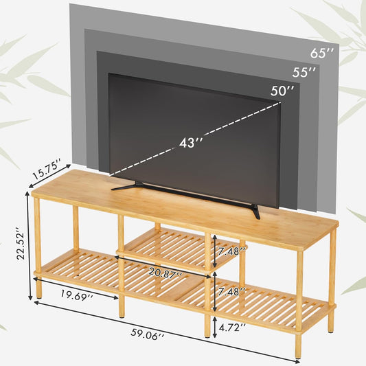 Bamboo TV Stand for 60 65 Inch TV, Entertainment Center with 3 Tier Open Storage Shelf, Wood TV Table for Living Room, Bedroom
