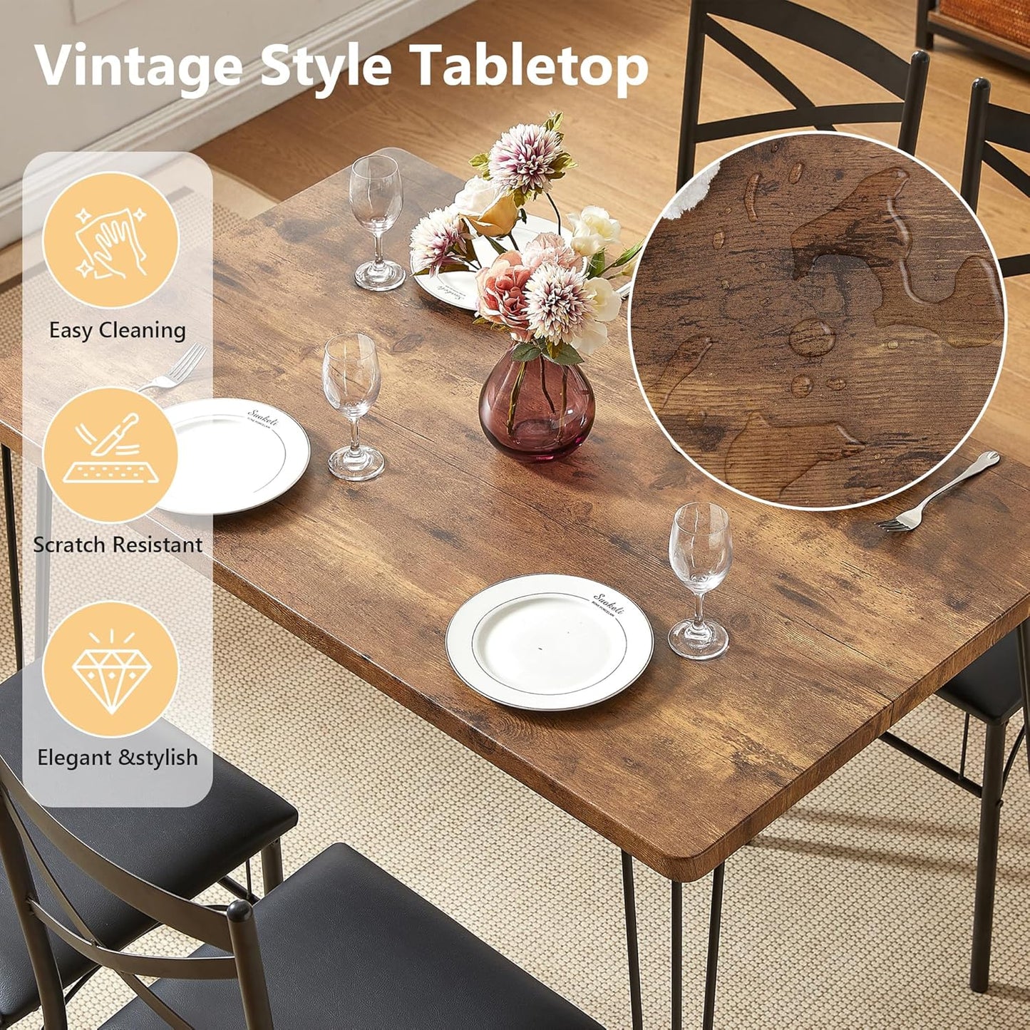 5-Piece Dining Table Set for Home Kitchen Small Space Breakfast Nook, 4 Faux Leather Metal Frame Chairs, Retro Brown