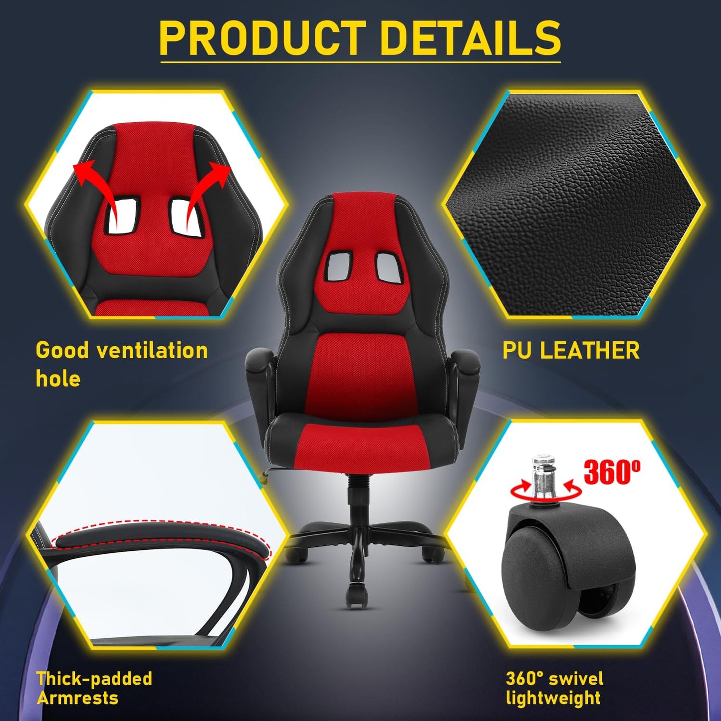 Video Game Chair, Gaming Chair Adjustable Swivel Office Chairs, Ergonomic Pu Leather PC Computer Chairs with Massage Lumbar Support 300Lbs Weight Capacity(Red)