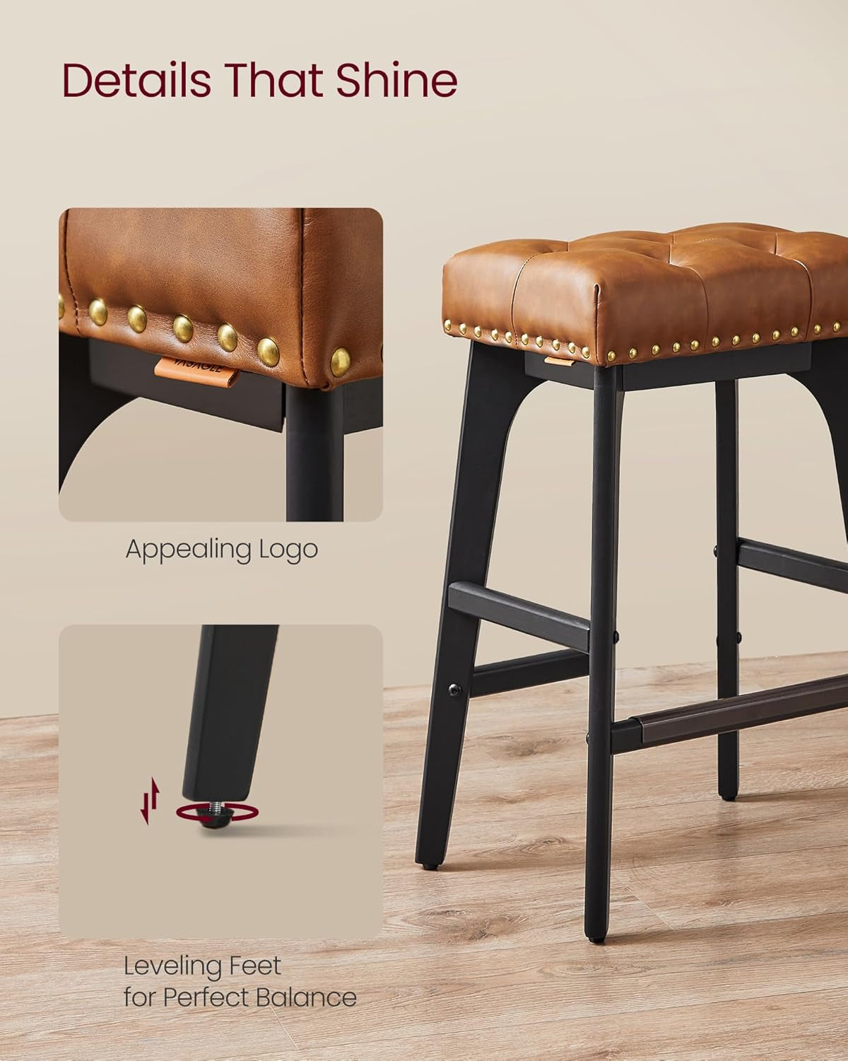 Bar Stools Set of 2, Saddle Counter Height Bar Stools, 26-Inch Backless Kitchen Stools with Wood Legs, PU Leather Thickened Upholstered Barstools for Kitchen Island Dining Room, Coffee Brown