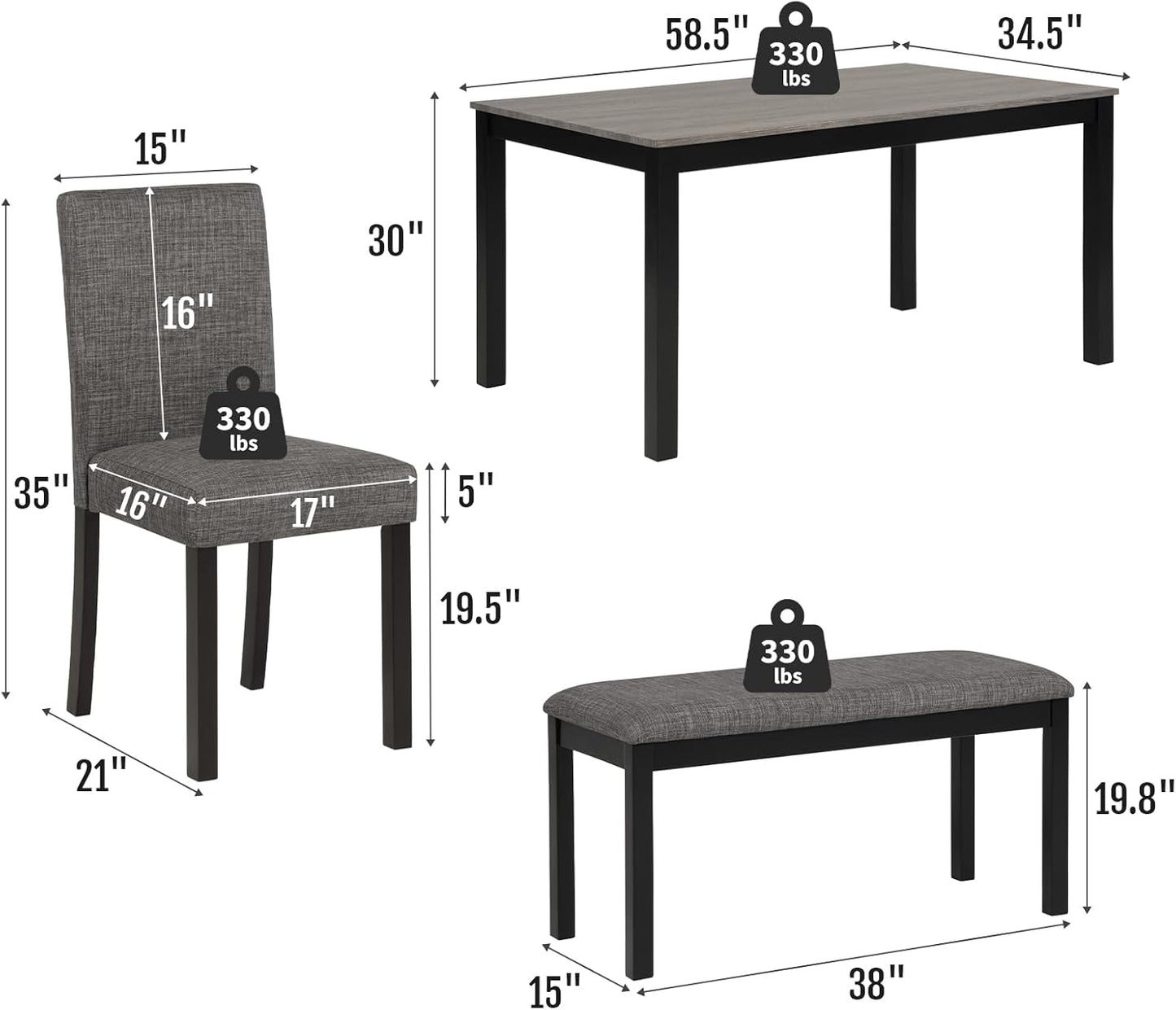 6-Piece Solid Wood Dining Table Set, Including 1 Dining Table, 4 Upholstered Chairs and 1 Bench, Wooden Legs Dining Table Set for Dining Room, Kitchen, Restaurant, Dark Grey