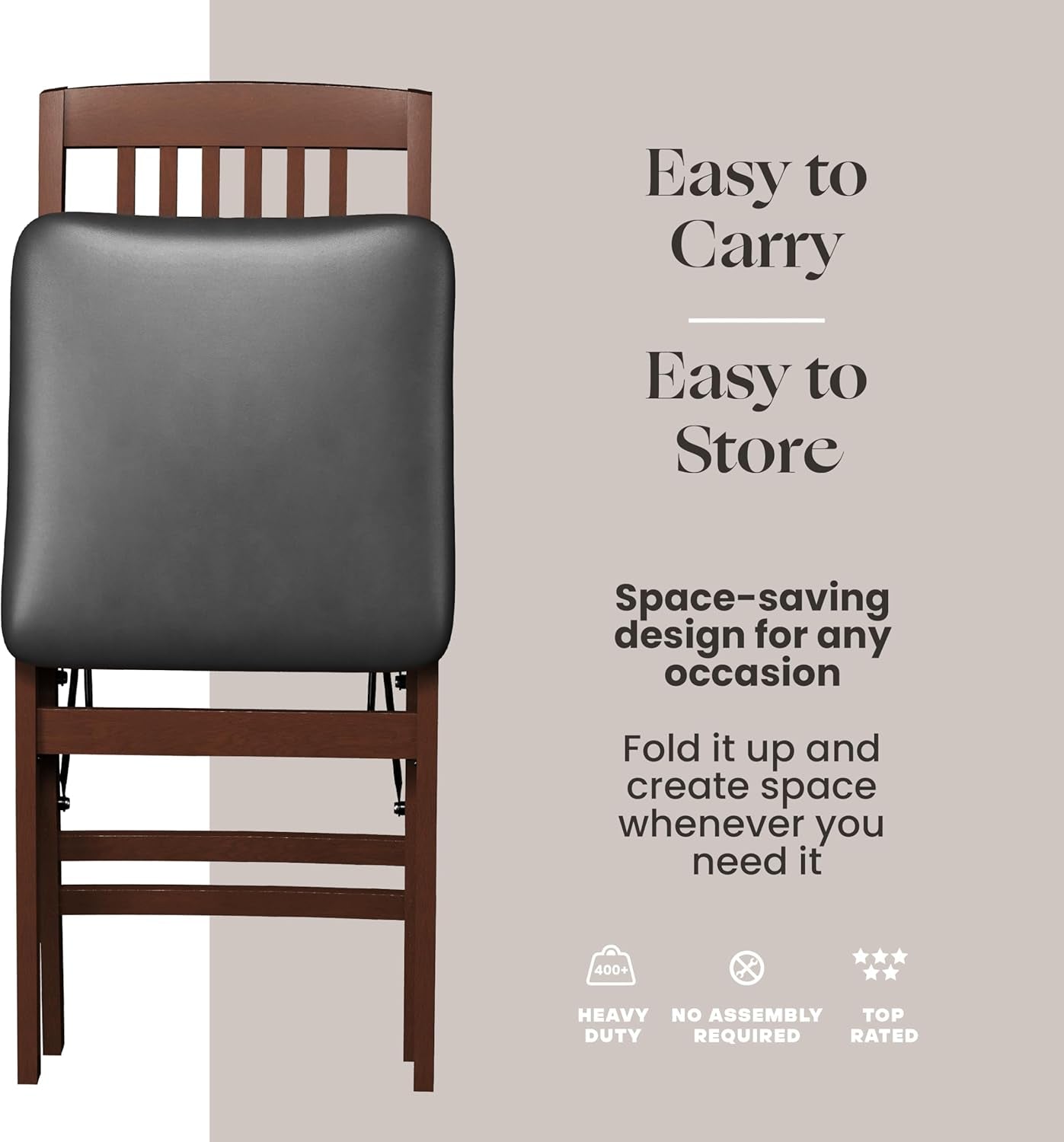 Compact Folding Wood Dining Chairs (Set of 2) – No Assembly, PU Leather Cushions, 400 Lb Load Capacity, Space-Saving Design for Apartment & Kitchen Use