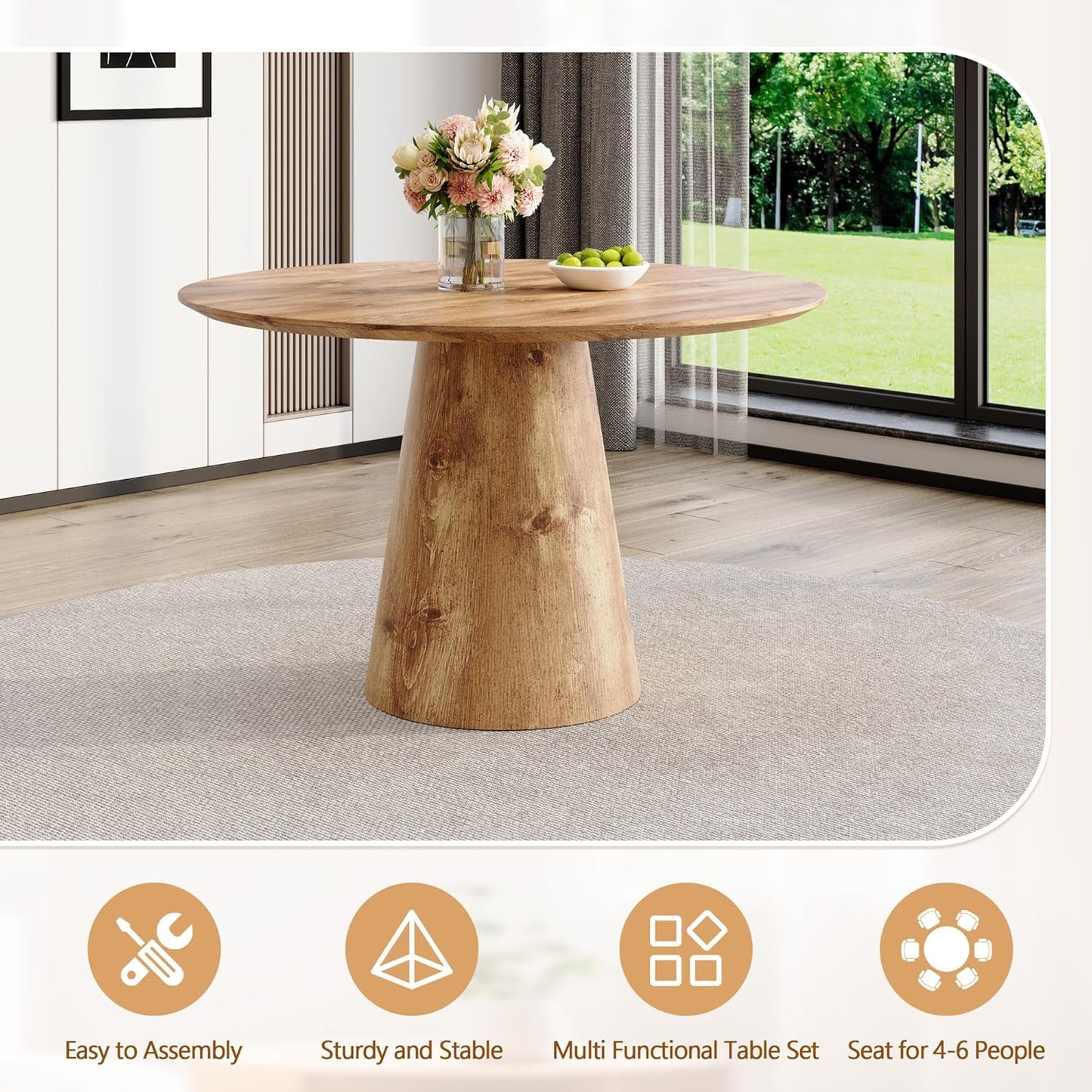 Round Dining Table 45'',Wood Dining Room Table for 4-6,Round Pedestal Dining Table with Stable Base,Circle Wood Texture Kitchen Table for Dining Room Easy Assembly