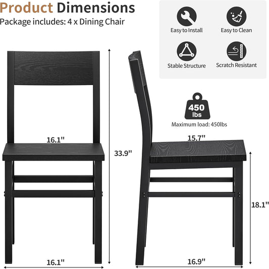 Dining Chairs Set of 4, Rustic Wood Dining Room Chairs with Thickened and Strengthened Metal Steel Frame & Slat Back, Modern Farmhouse Chair for Kitchen, Dining Room (4, Dark Black)