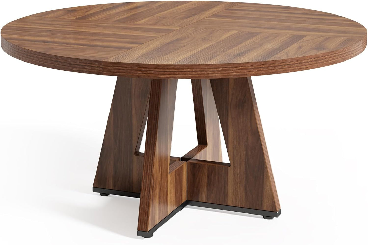 Brown round dining table with wooden pedestal base, view 8