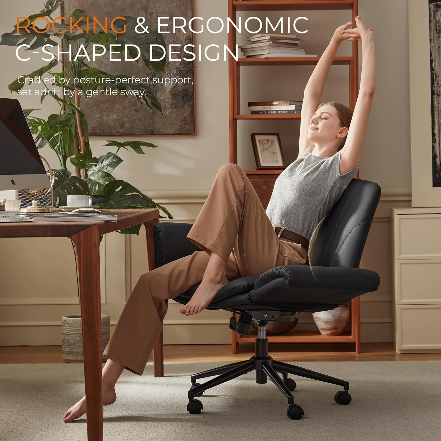 Criss Cross Chair with Five-Level Adjustable Arms and Wheels - Comfortable Ergonomic PU Leather Swivel Vanity Chair - Computer Makeup Gaming Chair for Home Office, Bedroom, Living Room (Black)