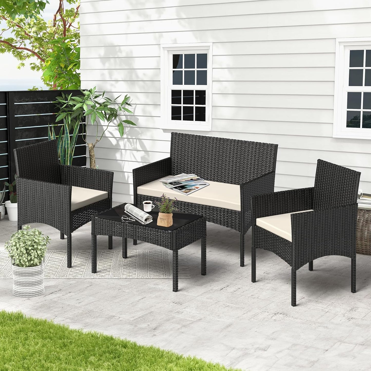 4 Pieces Patio Furniture Set, Outdoor Wicker Rattan Patio Conversation Furniture Set with Waterproof Cushion and Table for Lawn Backyard, Garden, Balcony, Porch and Poolside (Black)