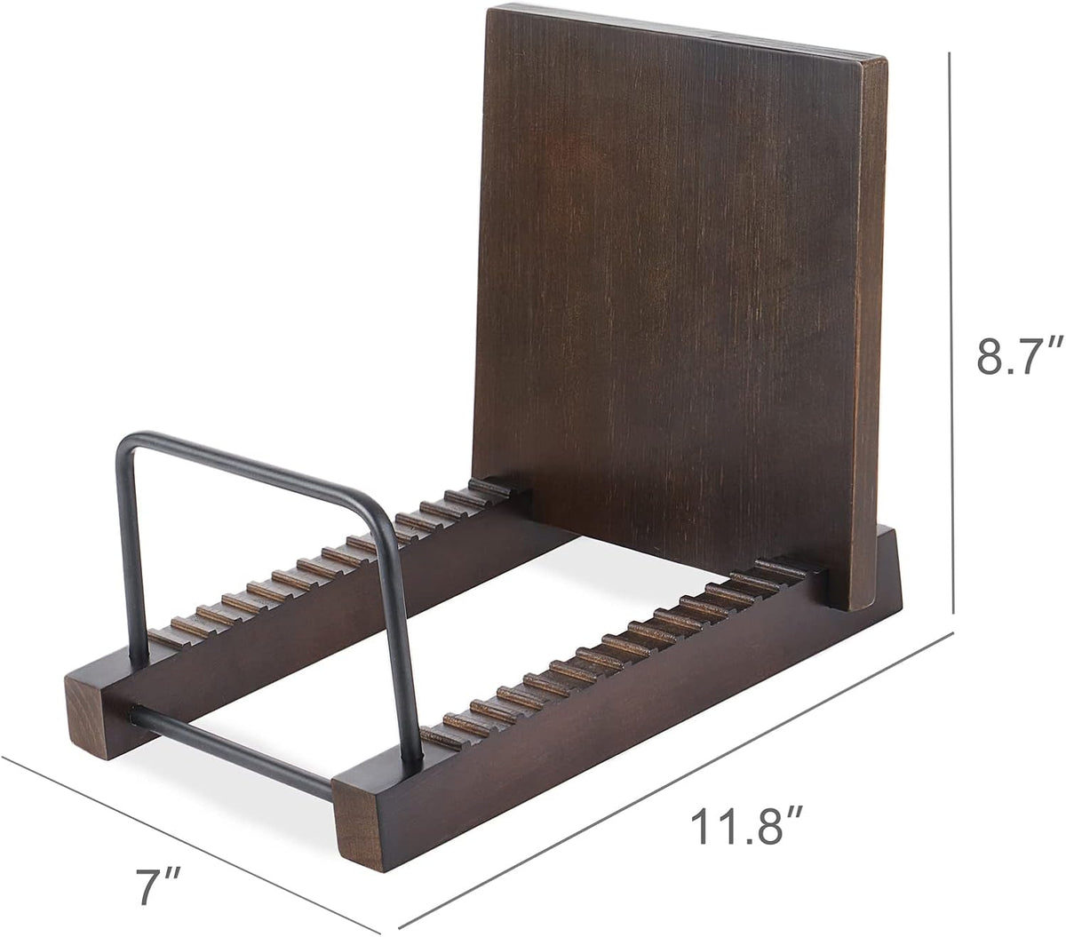 Brown solid wood vinyl record holder with black metal rack, view 6