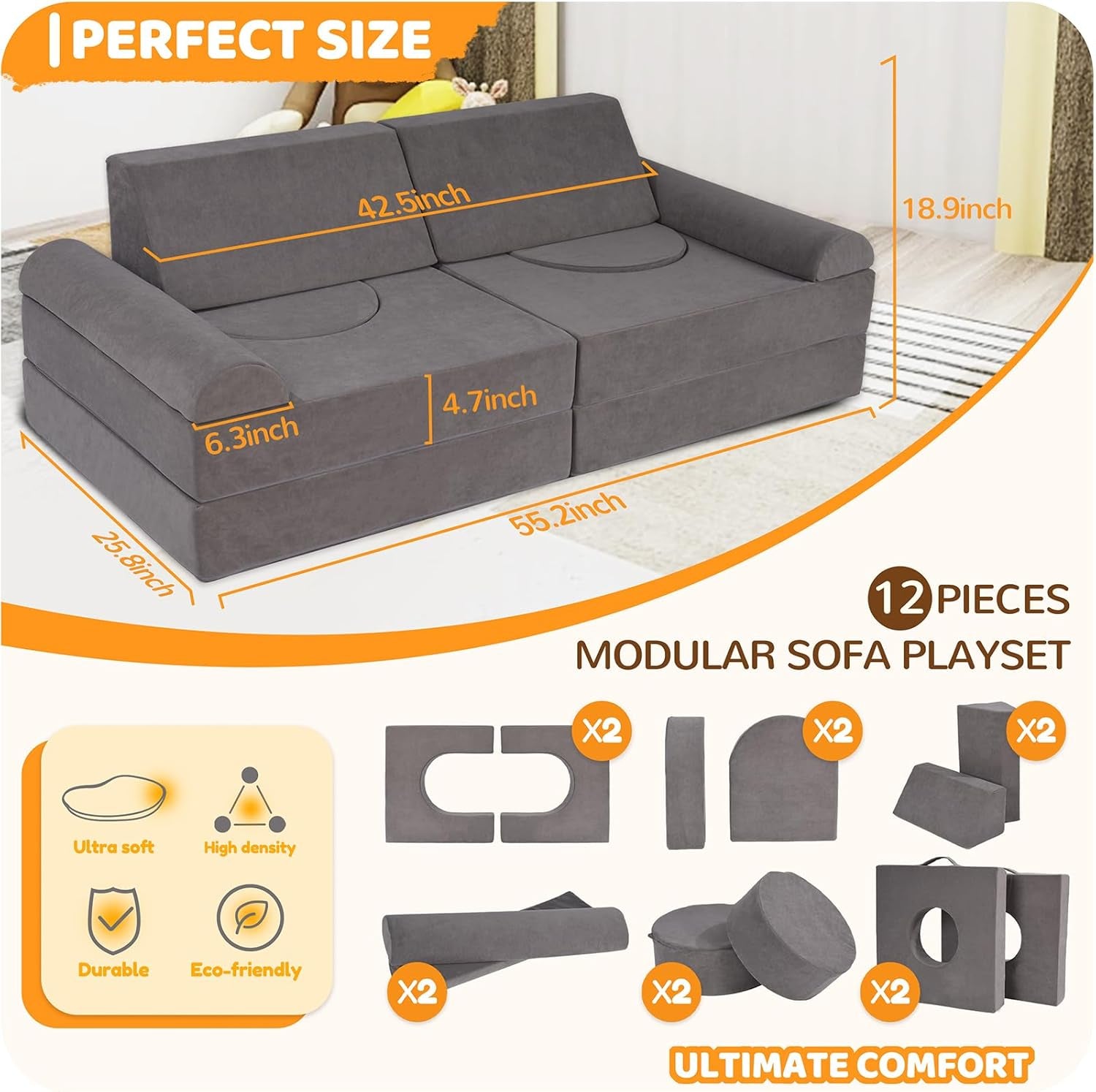 12-Piece Modular Kids Play Couch – Premium Soft Foam, Removable Cover, Comfortable & Safe Toddler Couch for Children 1-6 Years, Portable & Easy to Clean, Ideal for Living Room & Playroom