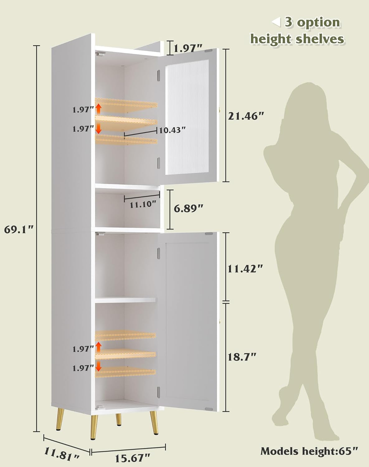 69'' Tall Bathroom Storage Cabinet with 2 Adjustable Shelves, Black 6 Tier Narrow Bathroom Cabinet with 2 Doors, Slim Linen Cabinets for Brathroom,Home Office