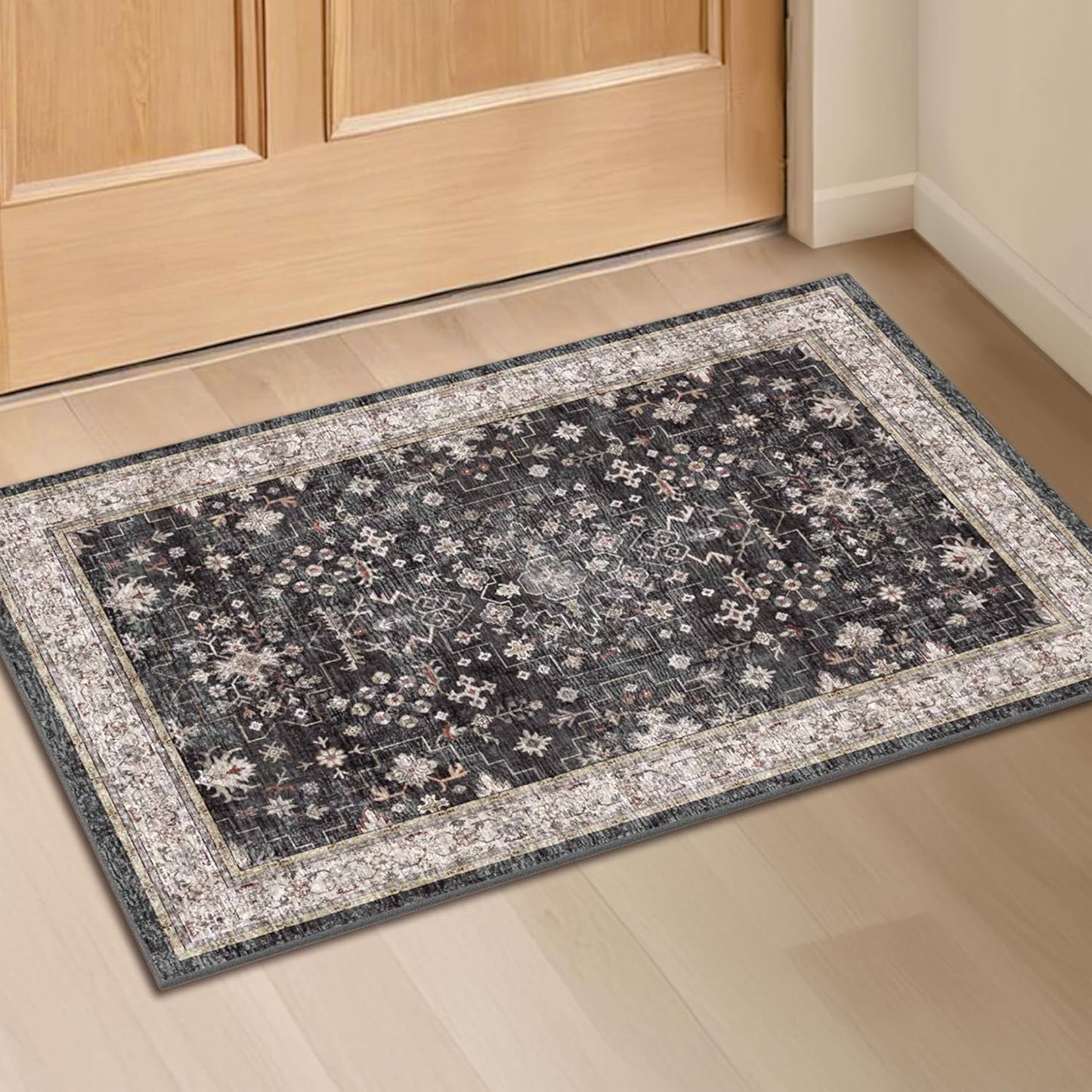 Black Washable Entry Rug, 2X3 Small Rugs for Entryway Kitchen Bathroom Door Mat Indoor Entrance, Non Slip Rubber Backing, Stain & Fade Resistant, Ashen Charcoal Floral Decor