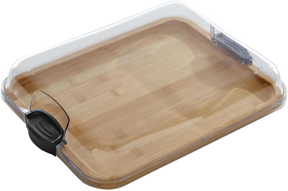 Build-A-Board Bamboo Cutting Board with Single Storage Compartment, Clear Locking Lid, Black Handles, Perfect for Charcuterie & Snacks