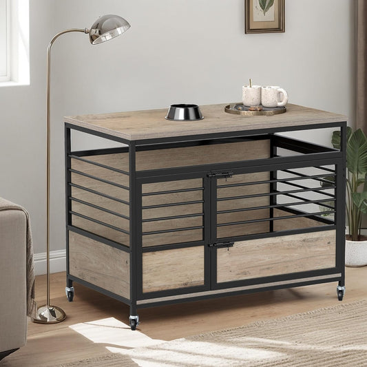 32" Dog Crate Furniture with Wheels, Farmhouse Decorative Wood Dog Cage End Table Chew-Resistant Wooden Dog Kennel Indoor for Small Dogs, Rustic Brown
