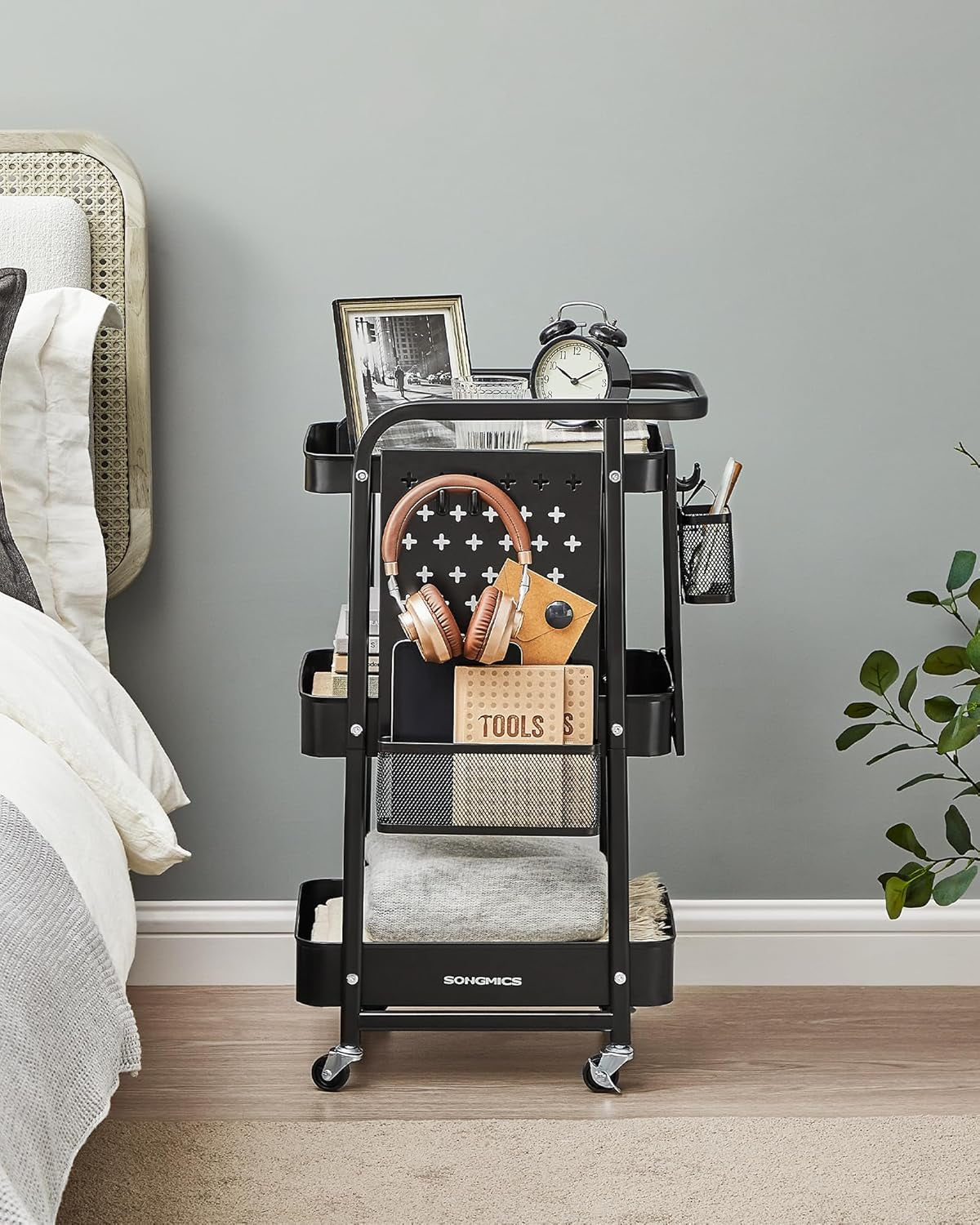 3-Tier Storage Cart, Rolling Utility Cart, Metal Mesh Shelves, 2 Removable Pegboards, 2 Hanging Holders, 4 Hooks, Craft Cart for Living Room, Kitchen, Office, Bathroom, Ink Black ULRC037B01