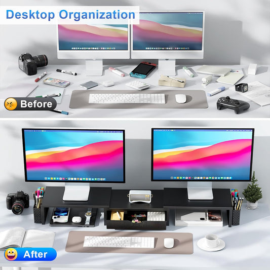 Dual Monitor Stand Riser, Desk Organizer with Drawer and 2 Pen Holders, Computer Monitor Stand, Shelf for Top of Desk, Black