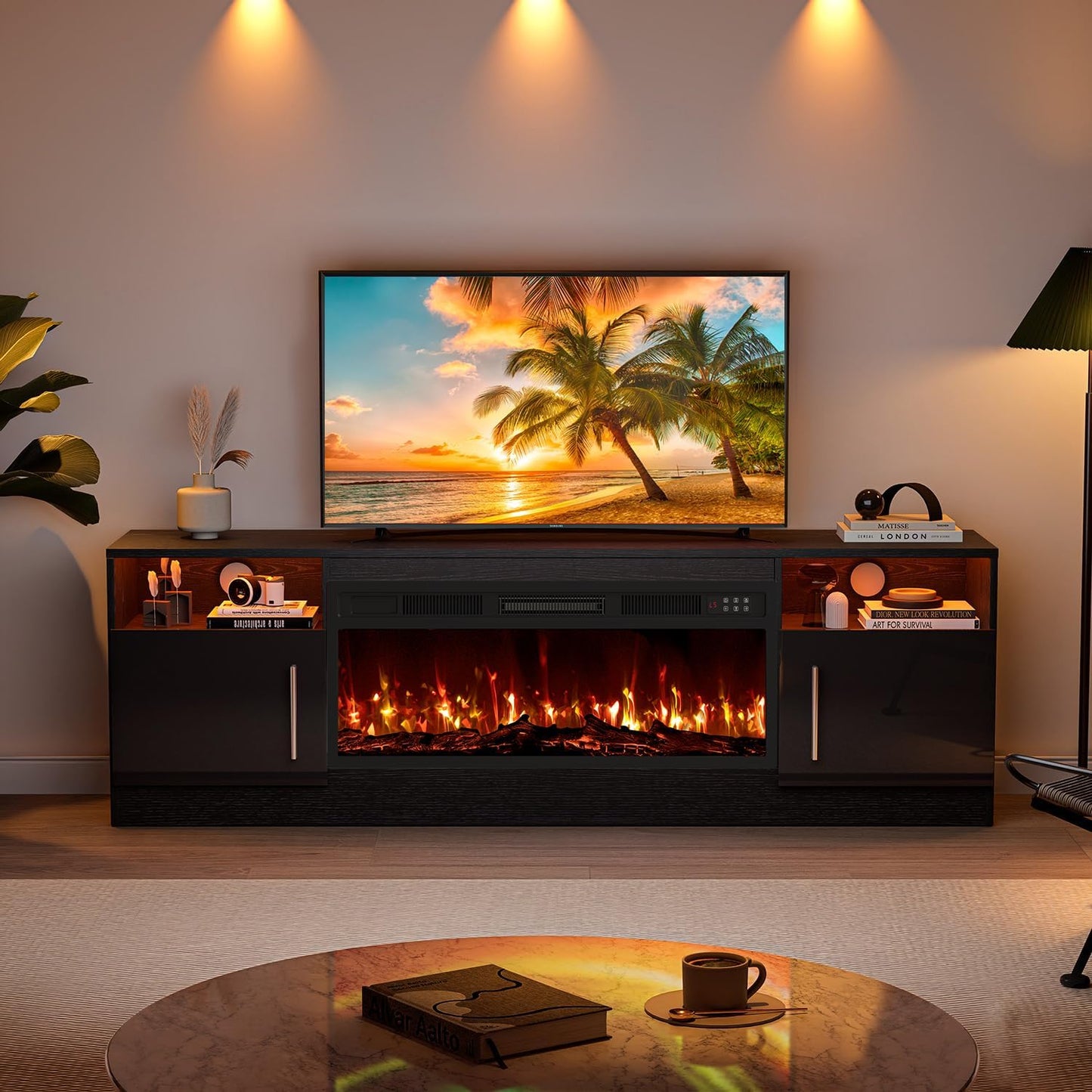 Fireplace with TV Stand 36" Inch Electric Fireplace up to 80" Tvs, LED Light Entertainment Center, 70" Modern Wood High Gloss with Highlight Storage Cabinet for Living Room (Black)