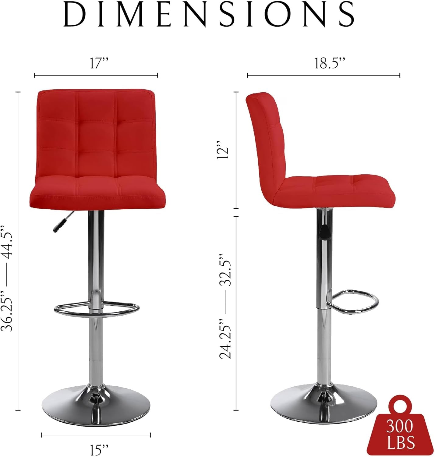 Bar Stools 1 Set of 2, Counter Height Bar Stools, Square Cushion Bar Stools with Back, Footstool, Cafe, Red, 2 Pieces