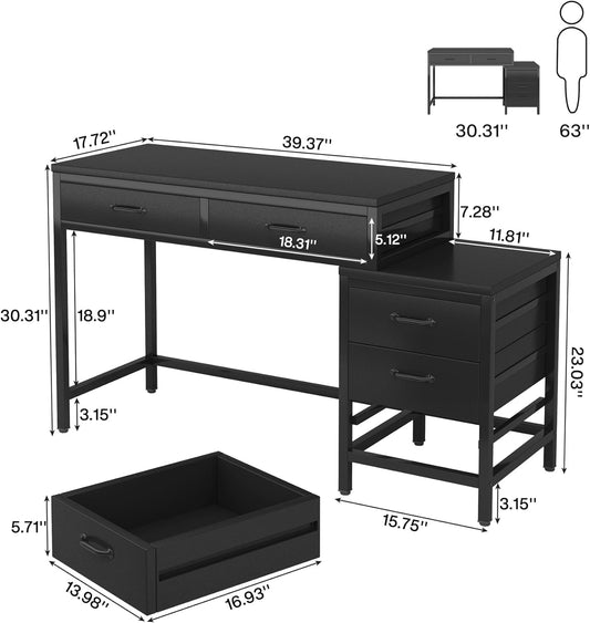 Computer Desk with 5 Drawers, Home Office Desks with Reversible Drawer Cabinet Printer Stand, Industrial PC Desk with Storage, Rustic Study Writing Table Workstation for Small Spaces, Black