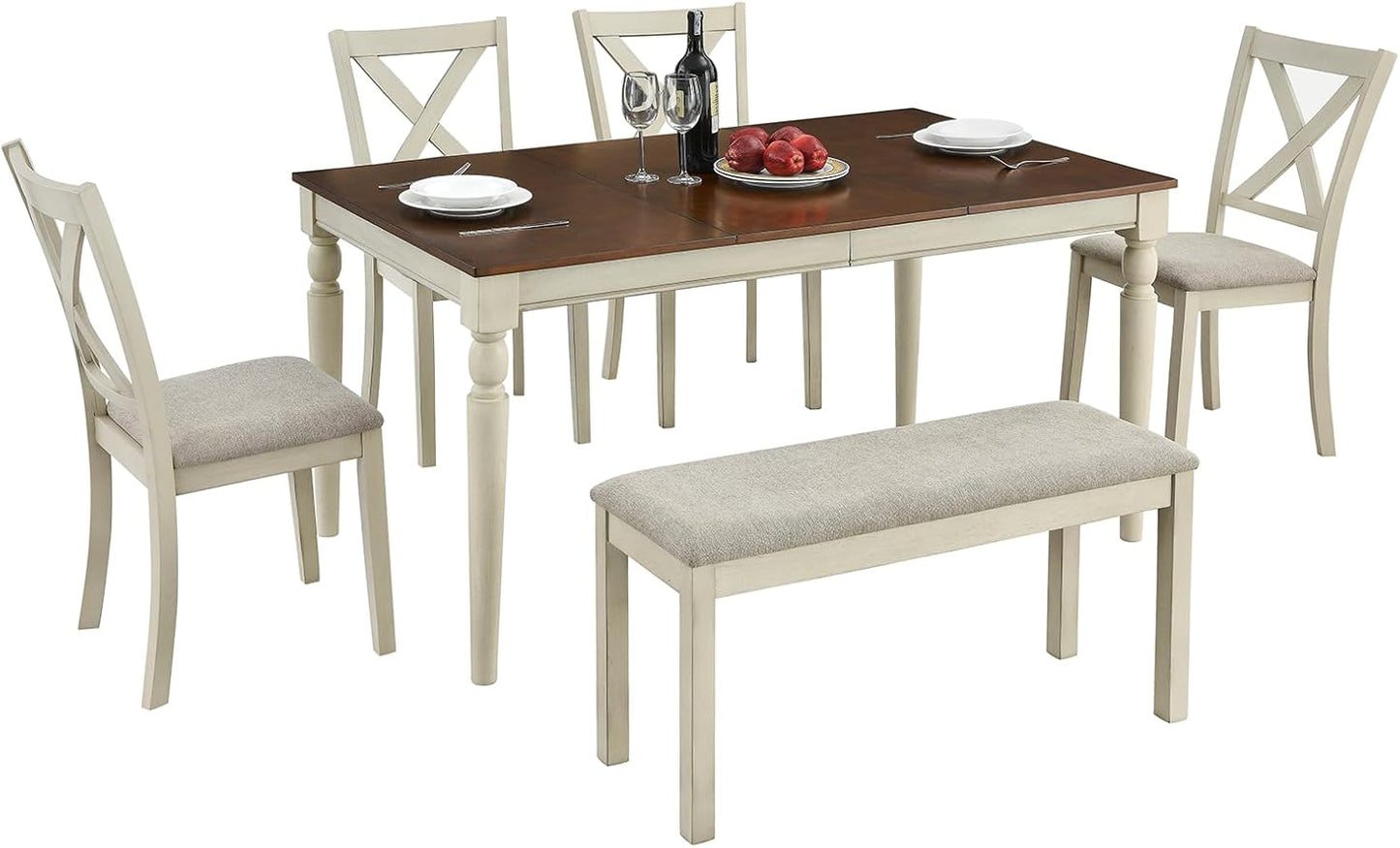 6-Piece Farmhouse Dining Table Set, 60” Solid Wood Table, 4 Upholstered Chairs and Bench, Rustic White and Walnut Finish, Seating for 6, for Kitchen or Dining Room