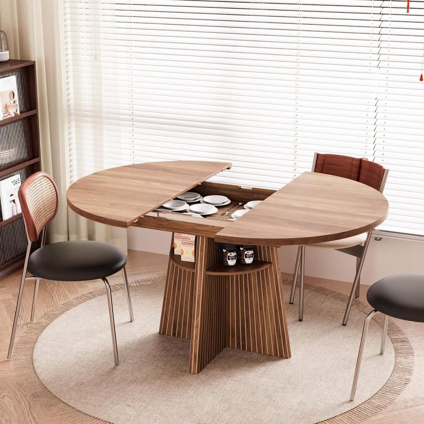 43.3In-59In Extendable Dining Room Table for 4-8, round Expandable Kitchen Table with Fluted Base, Modern Oval Dinner Tables with 4 Storage Shelves for Kitchen Living Room (Walnut, 43.3In)