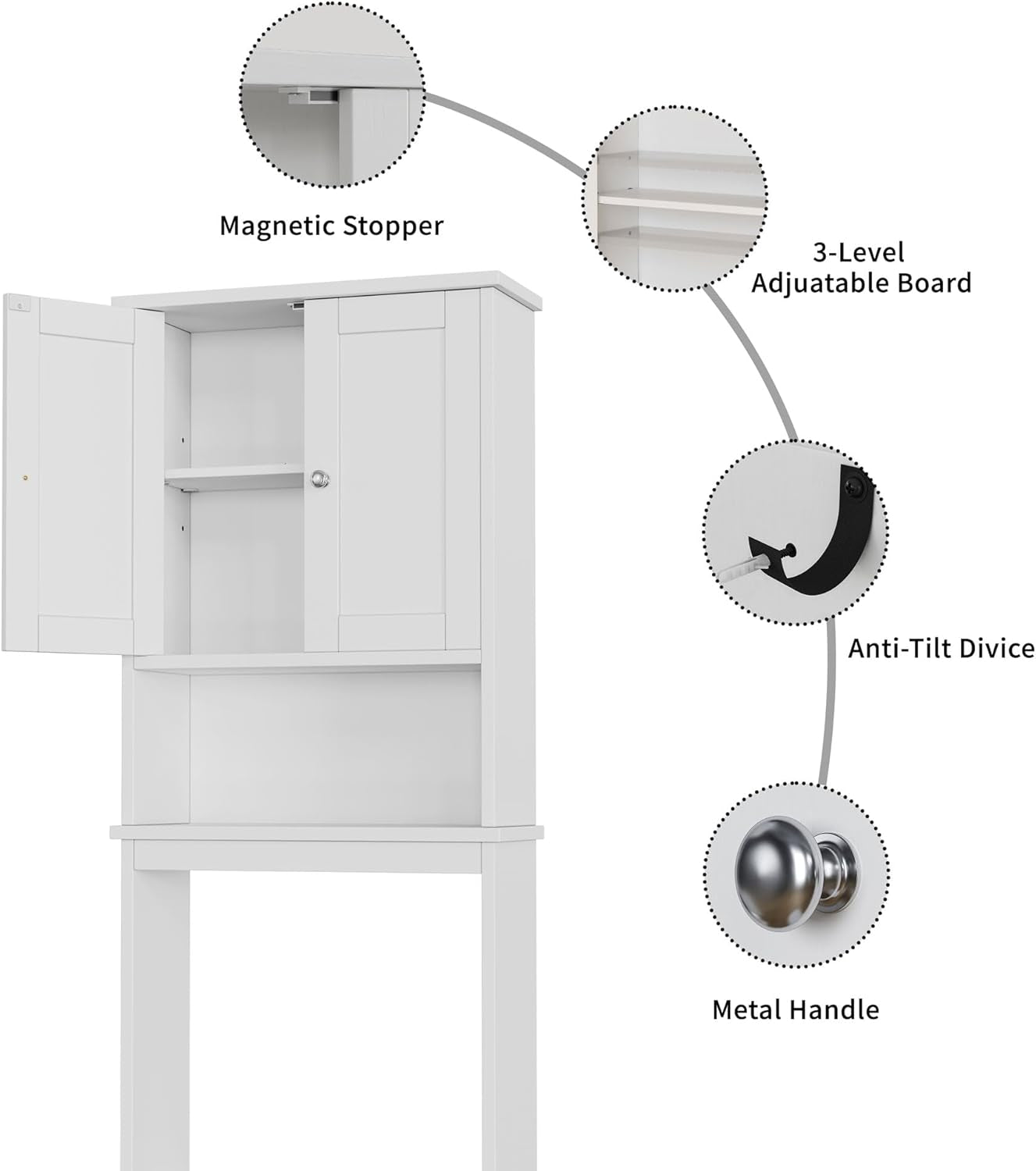 over the Toilet Storage Cabinet, Bathroom Shelf Organizer with Anti-Tip Device Small Freestanding Space Saver with Adjustable Shelf,White