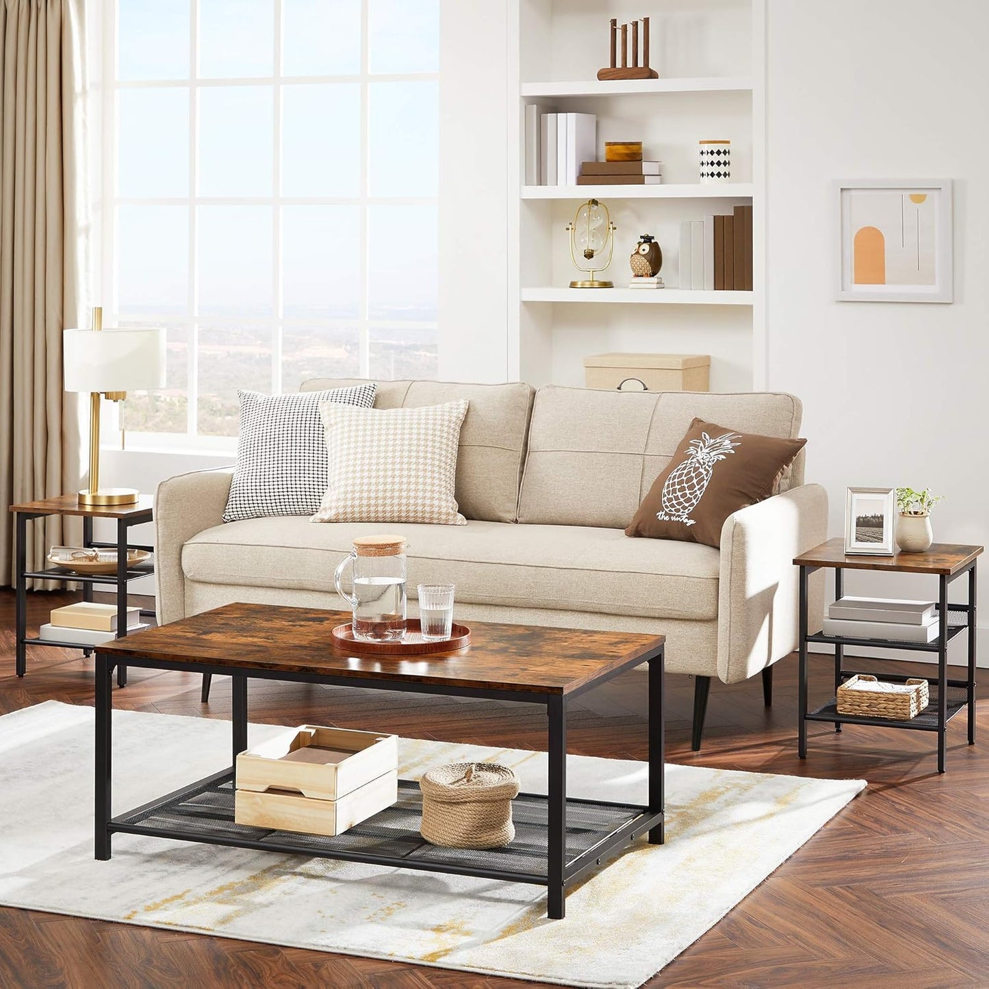 Nightstand, Set of 2 Side Tables, End Tables with Adjustable Mesh Shelves, for Living Room, Bedroom, Industrial, Stable Steel Frame, Easy Assembly, Rustic Brown and Black ULET24X