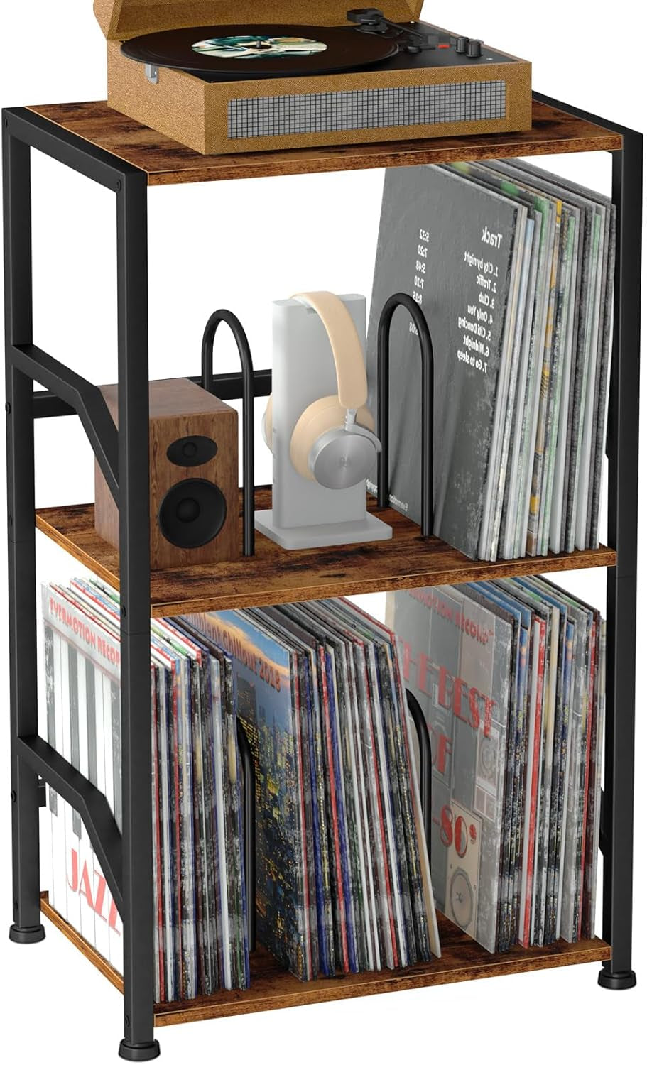 Rustic brown 3 tier record player stand with removable dividers, view 9