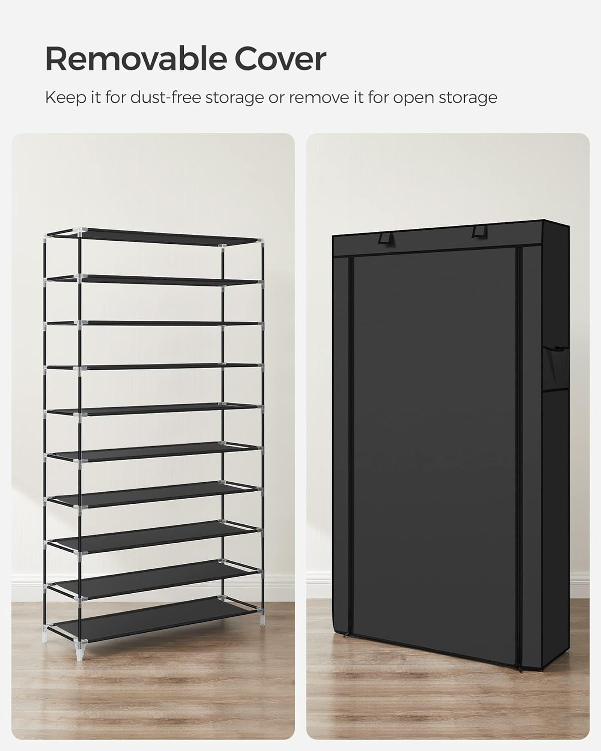 Shoe Rack with Non-Woven Fabric Cover, 9 Tier Storage Shelf for 40-50 Pairs of Shoes, Entryway, Suitable for Sneakers, High Heels, Flats, and Boots, Black URXJ36HV1